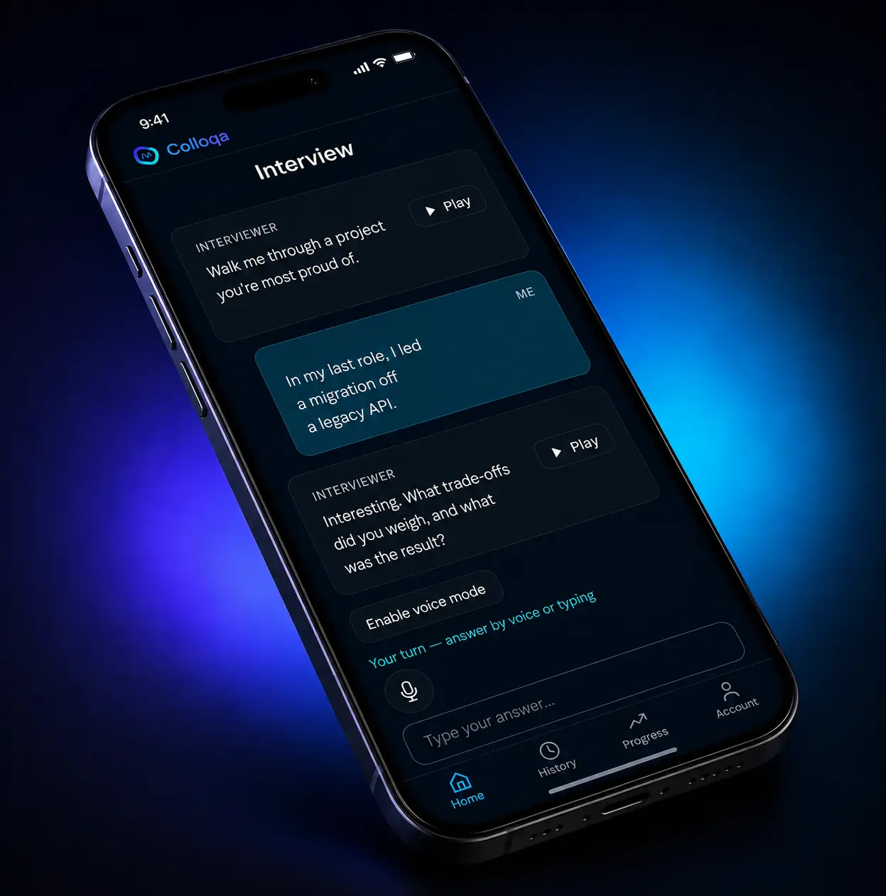Colloqa app on a phone showing a live AI software engineer interview session with a production-bug question, follow-ups and voice input.