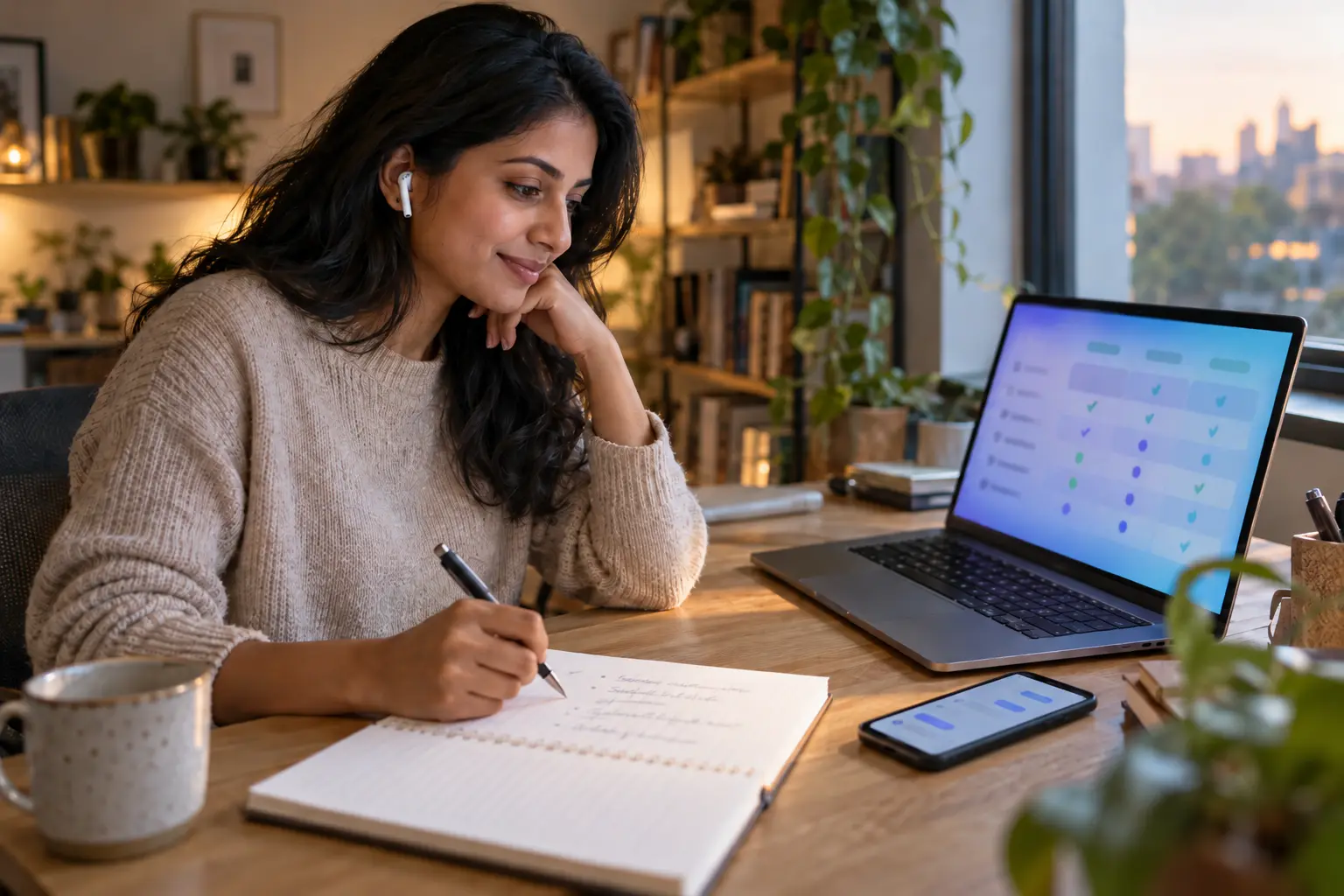 Una mujer en su escritorio compara simuladores de entrevista con IA en la pantalla y marca una lista corta en su cuaderno.