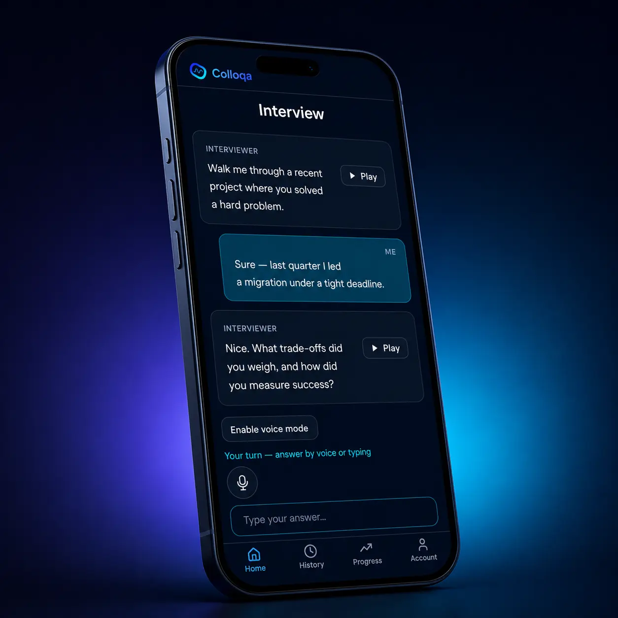 Colloqa app on a phone screen showing a live AI interview session with follow-up questions and voice input.