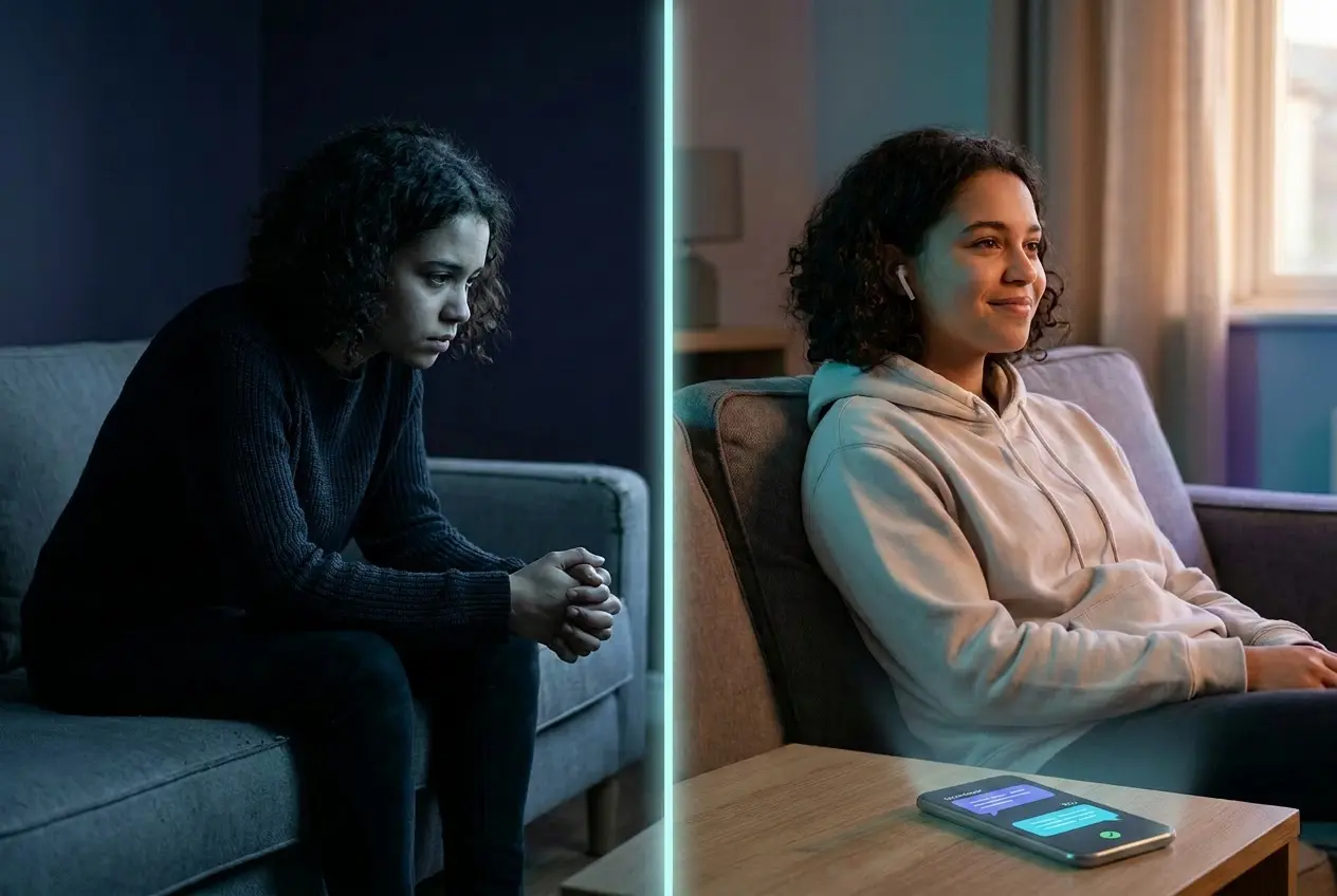A woman shown before and after rehearsing a difficult conversation — tense on the left, calm and at ease on the right with Colloqa open on her phone.