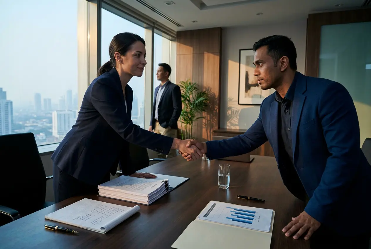 Two business principals closing a high-stakes deal across an executive boardroom table — a firm handshake over a stack of contract papers.