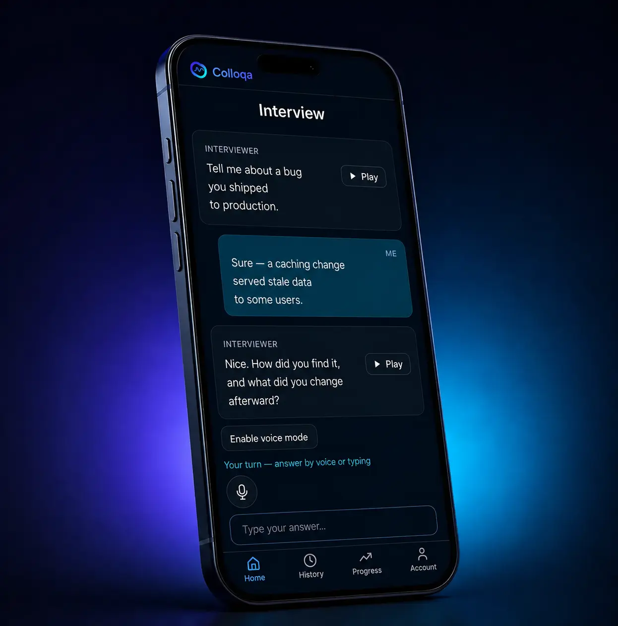 Colloqa app on a phone showing a live AI software engineer interview session with a production-bug question, follow-ups and voice input.