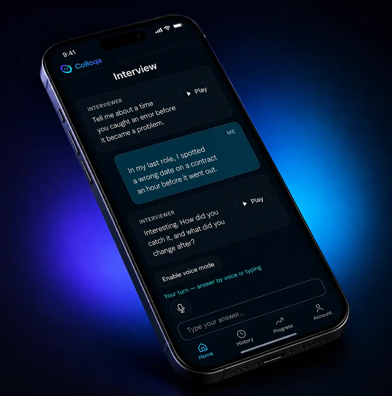 Colloqa app on a phone showing a live AI administrative assistant interview session with a competing-priorities question, follow-up questions and voice input.