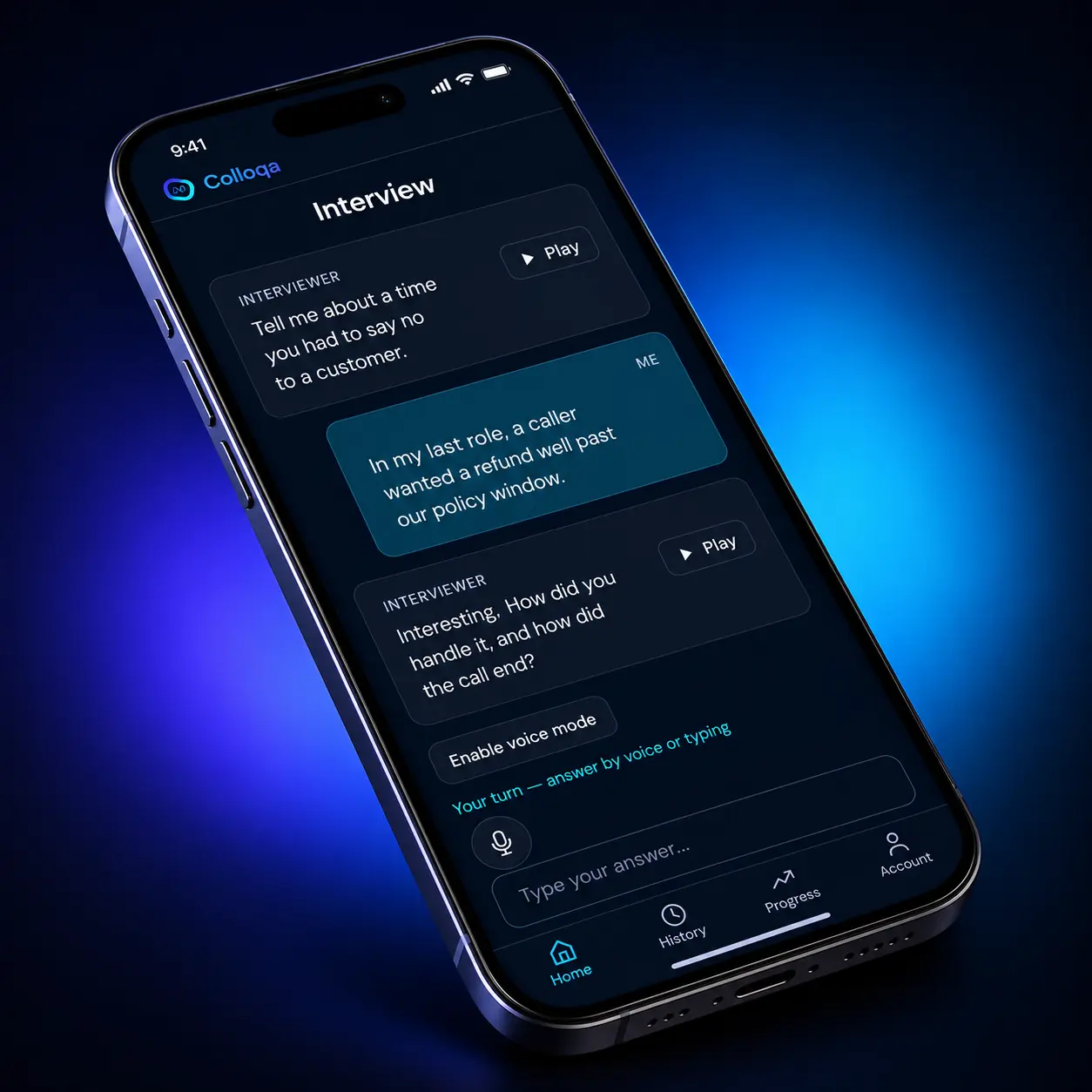 Colloqa app on a phone showing a live AI customer service interview session with an angry-caller scenario, follow-up questions and voice input.