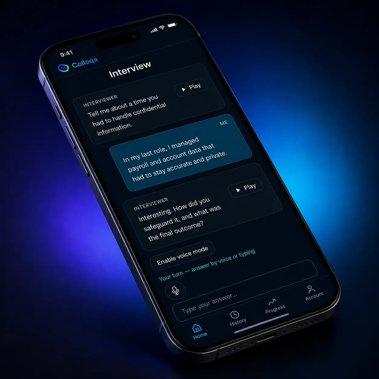 Colloqa app on a phone showing a live AI finance and admin interview session with follow-up questions and voice input.