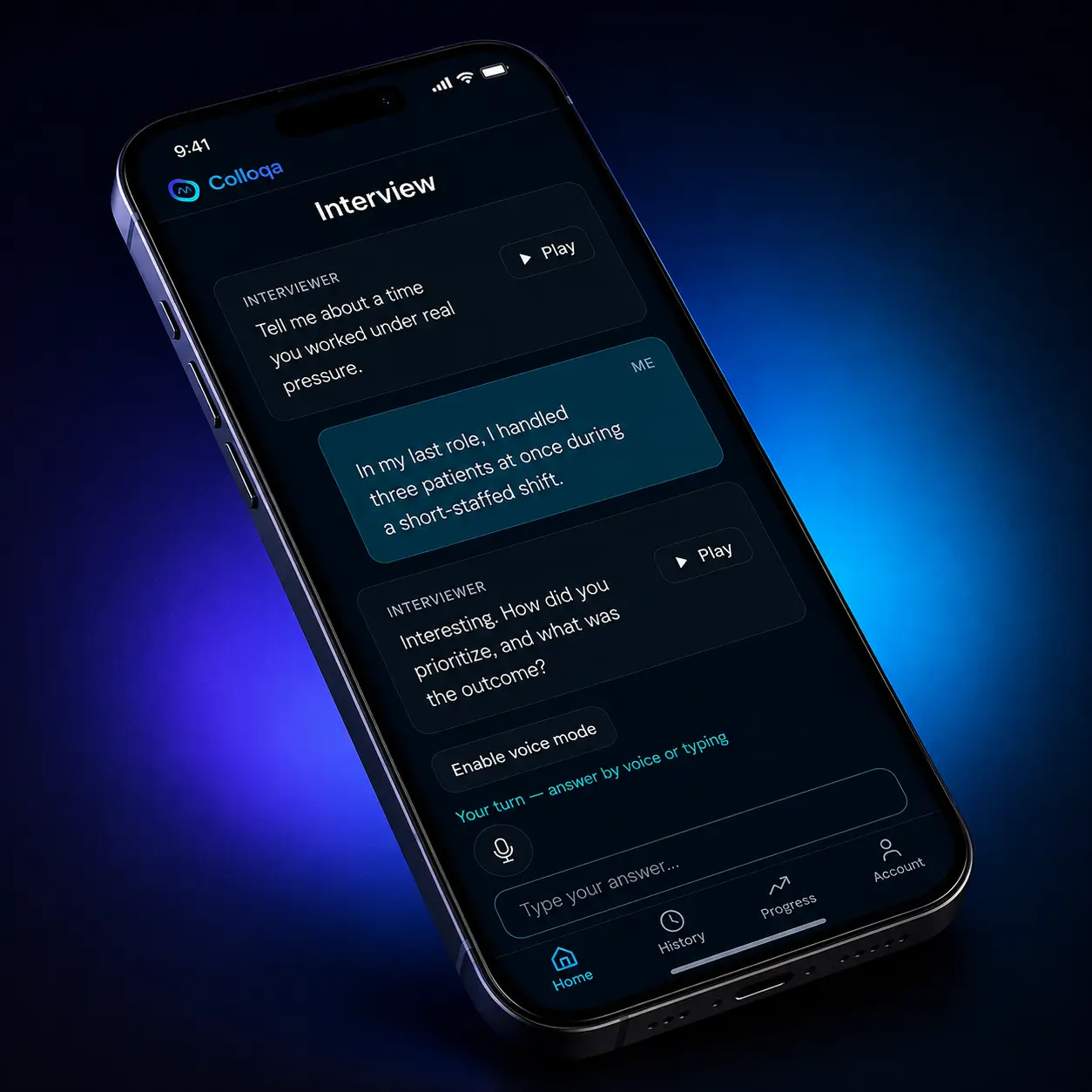 Colloqa app on a phone showing a live AI healthcare interview session with follow-up questions and voice input.