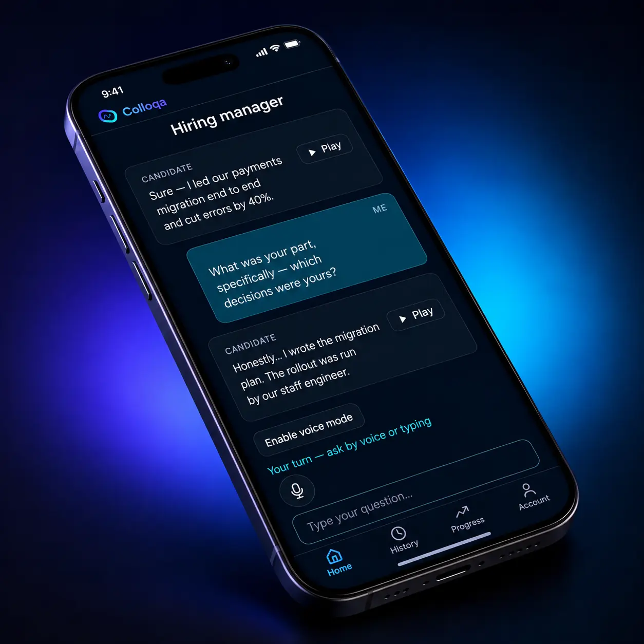 Colloqa app showing a hiring-manager interview: the AI candidate claims to have led a migration, you ask which decisions were theirs, and they admit they only wrote the plan