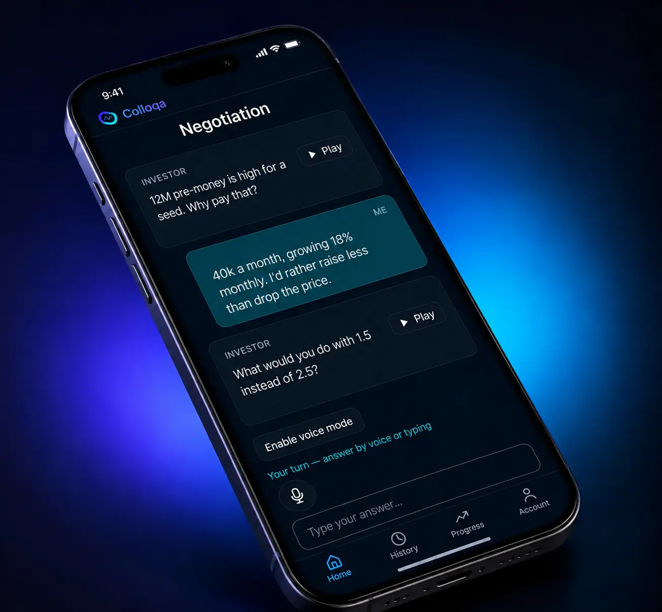 Colloqa app on a phone: the investor says a 12M pre-money is high for a seed, the founder answers with 40k a month growing 18% and offers to raise less rather than drop the price, the investor asks what 1.5 instead of 2.5 would buy.