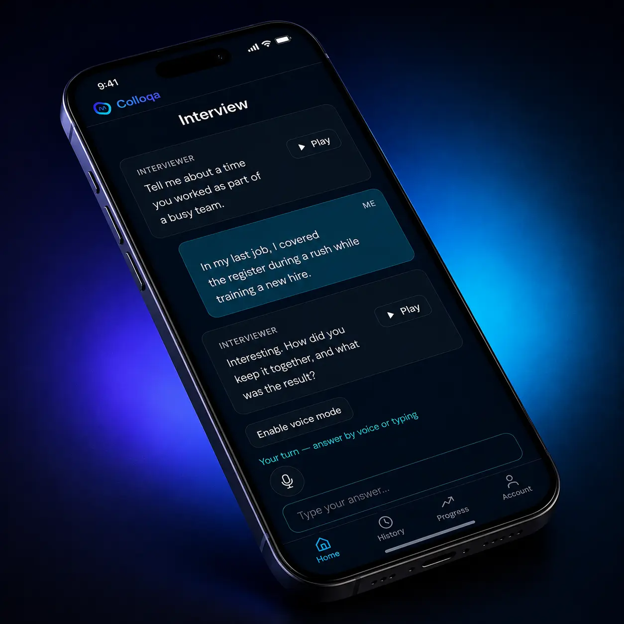 Colloqa app on a phone showing a live AI retail interview session with follow-up questions and voice input.