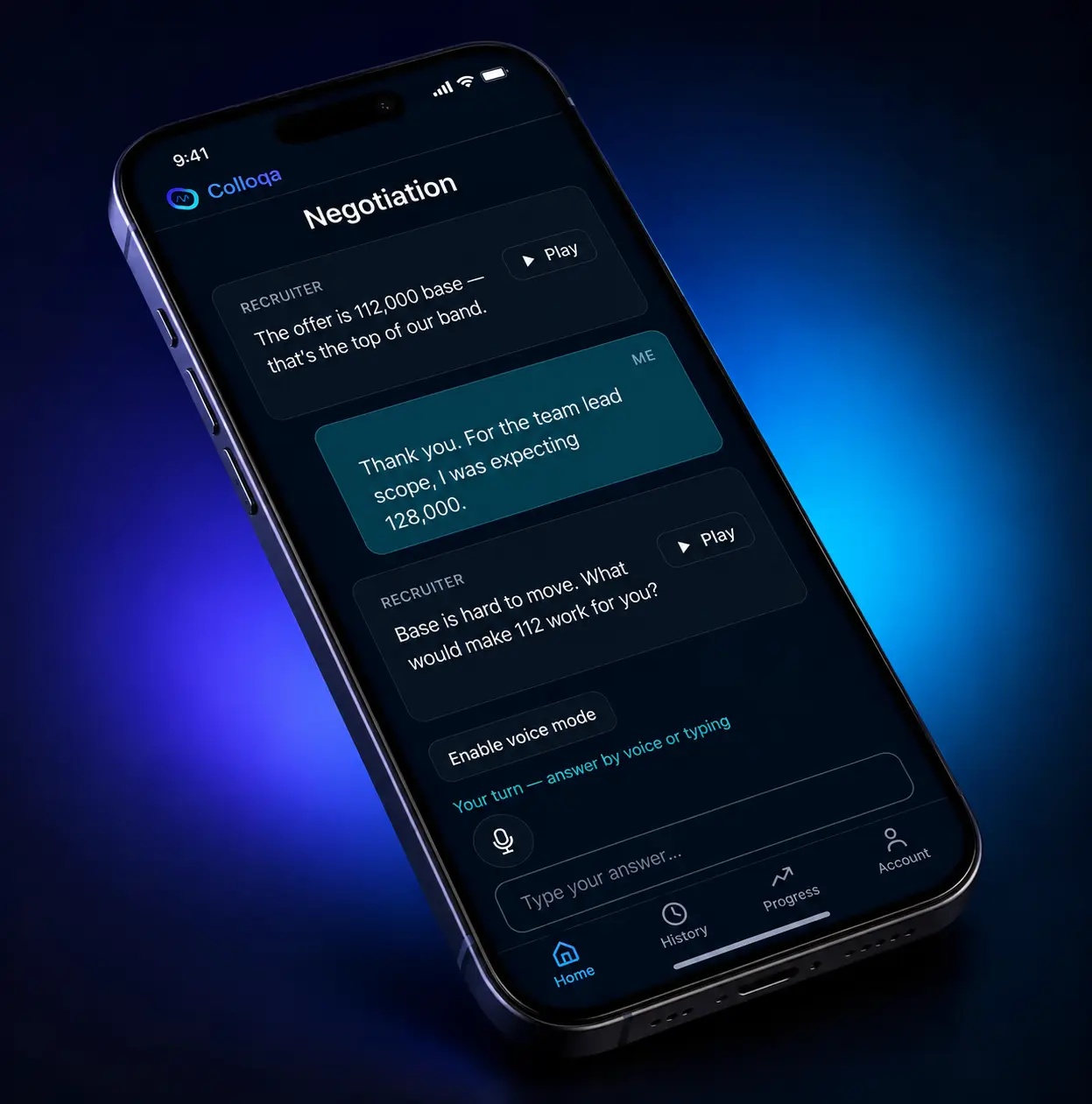 Colloqa app on a phone: a recruiter offers 112,000 base, the user counters with 128,000, the recruiter asks what would make 112 work.