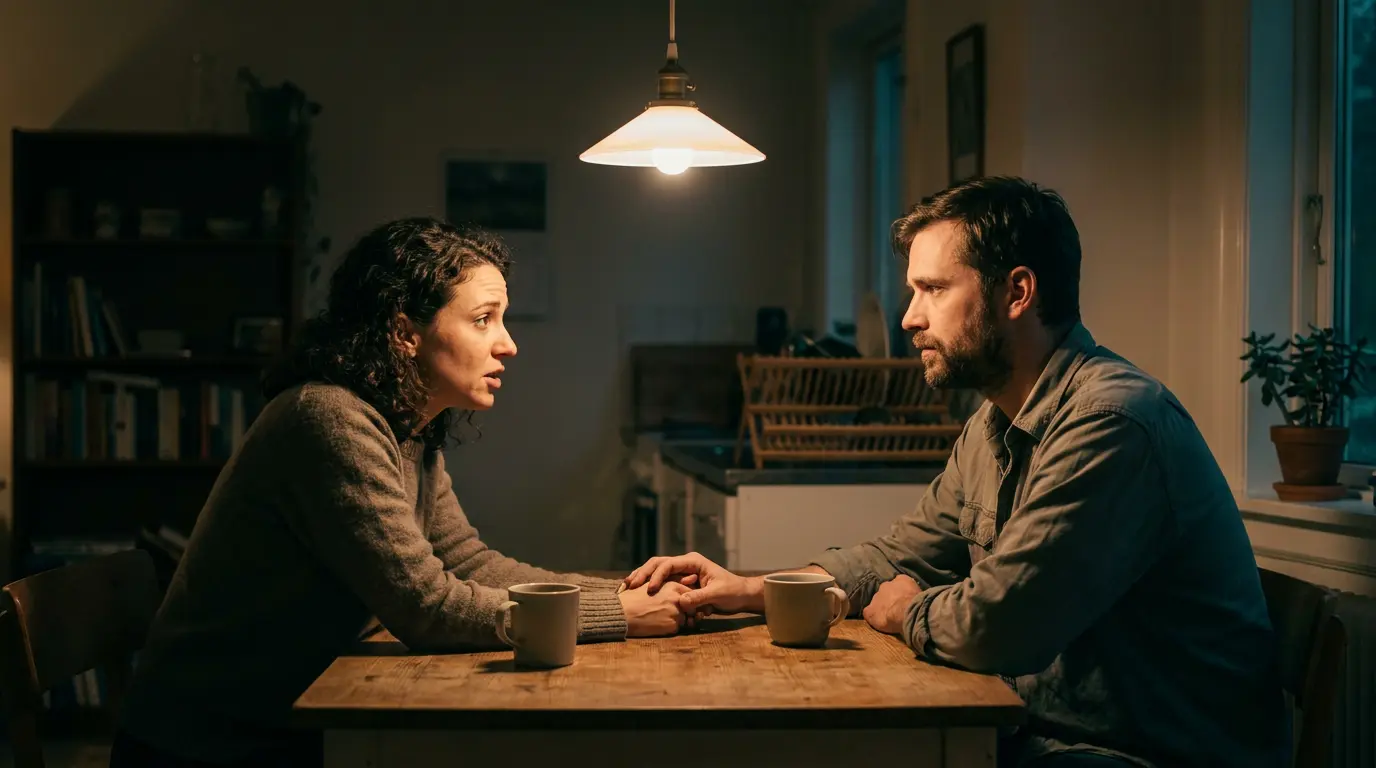 Two people having a serious, grounded conversation at a kitchen table in warm evening light — one listening with full attention while gently holding the other's hand.