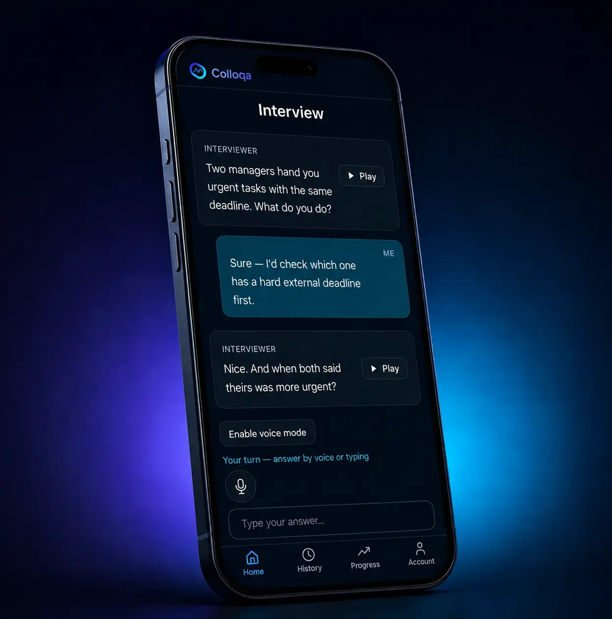 Colloqa app on a phone showing a live AI administrative assistant interview session with a competing-priorities question, follow-up questions and voice input.