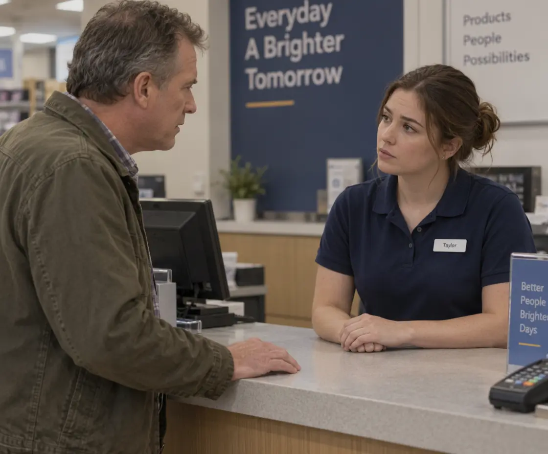 A frustrated customer leaning on a store counter, explaining a problem, while the employee behind it listens with visible concern, hands resting on the counter.