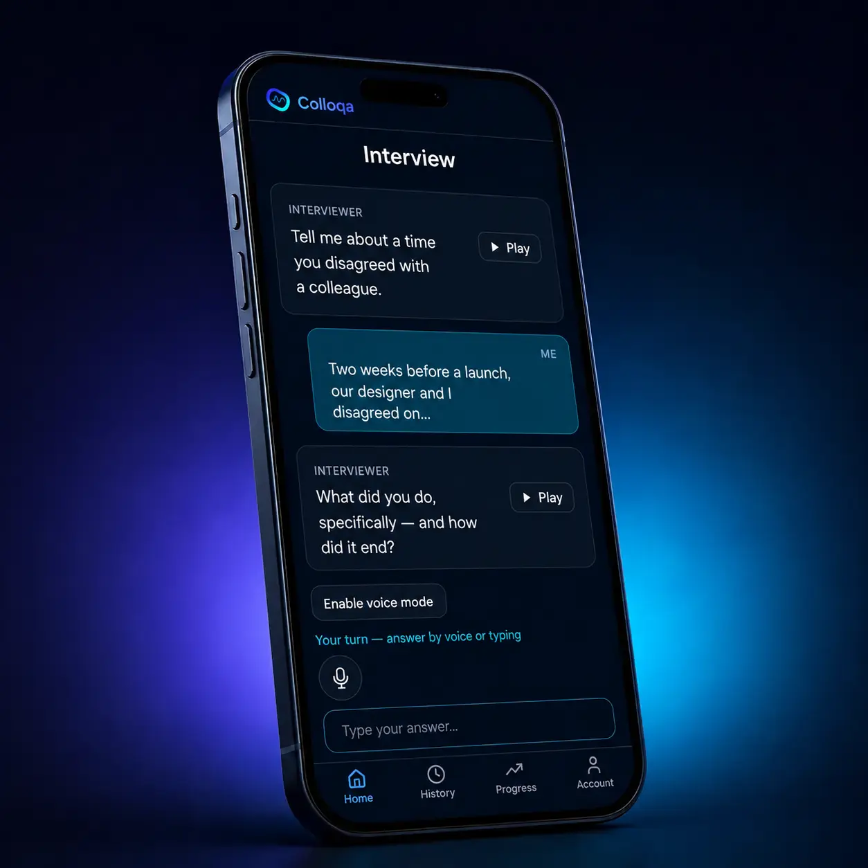 Colloqa app on a phone: the AI interviewer asks "Tell me about a time you disagreed with a colleague" and follows up on what you did, specifically.