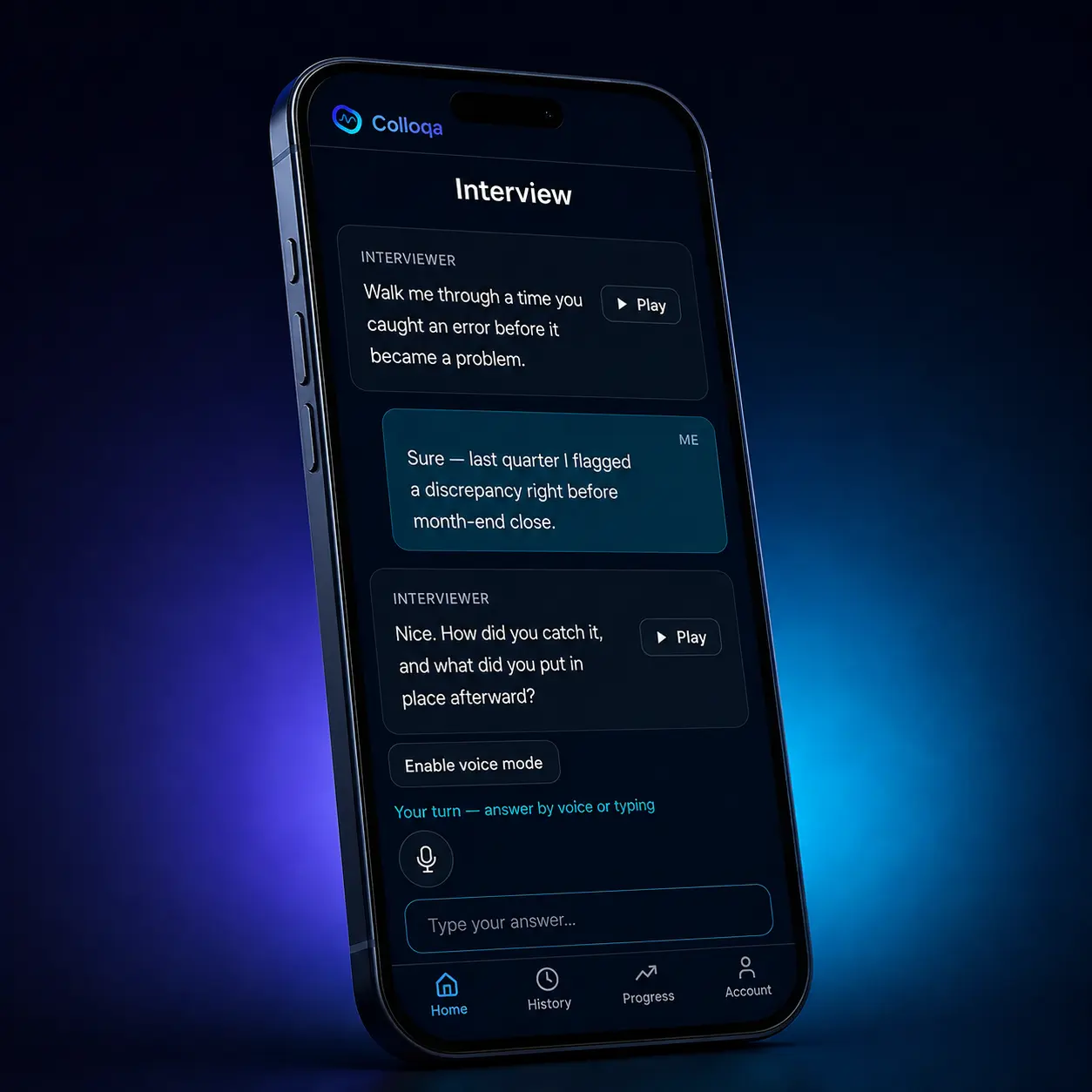 Colloqa app on a phone showing a live AI finance and admin interview session with follow-up questions and voice input.