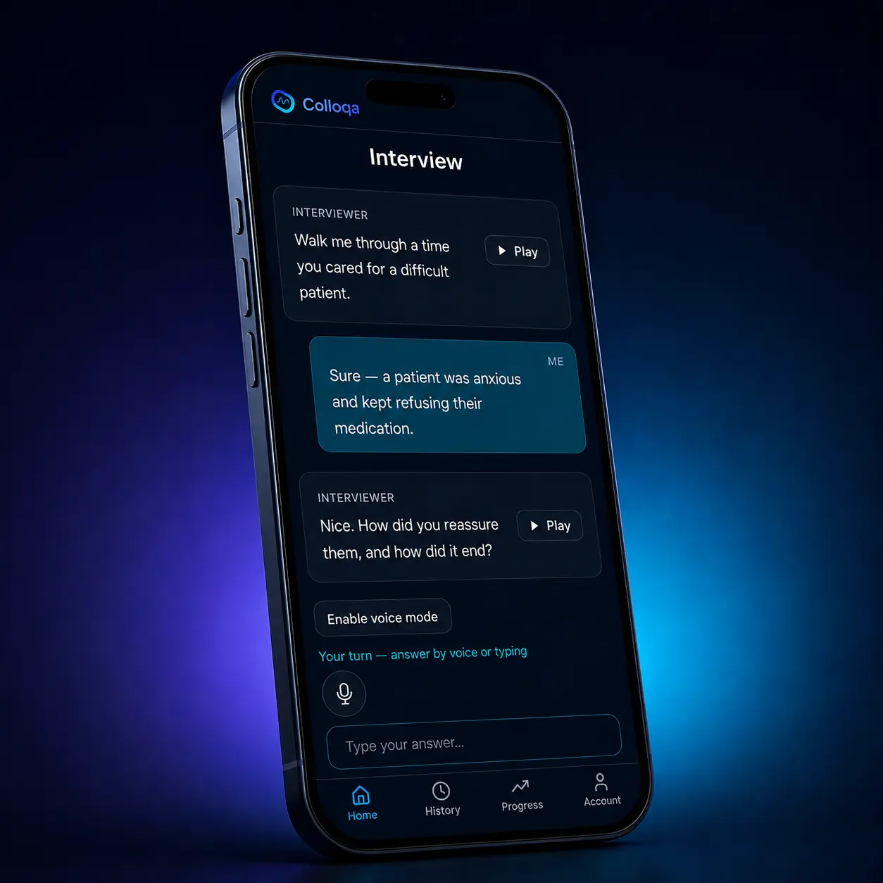 Colloqa app on a phone showing a live AI healthcare interview session with follow-up questions and voice input.