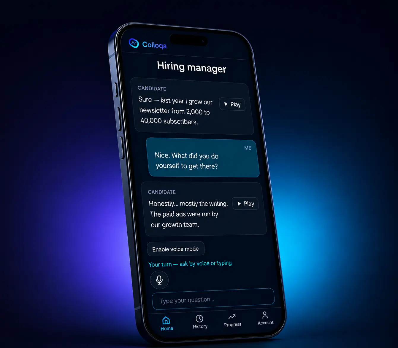 Colloqa hiring manager interview on a phone: the AI candidate claims a big result, you ask what they did themselves, and they admit the ads were run by another team.