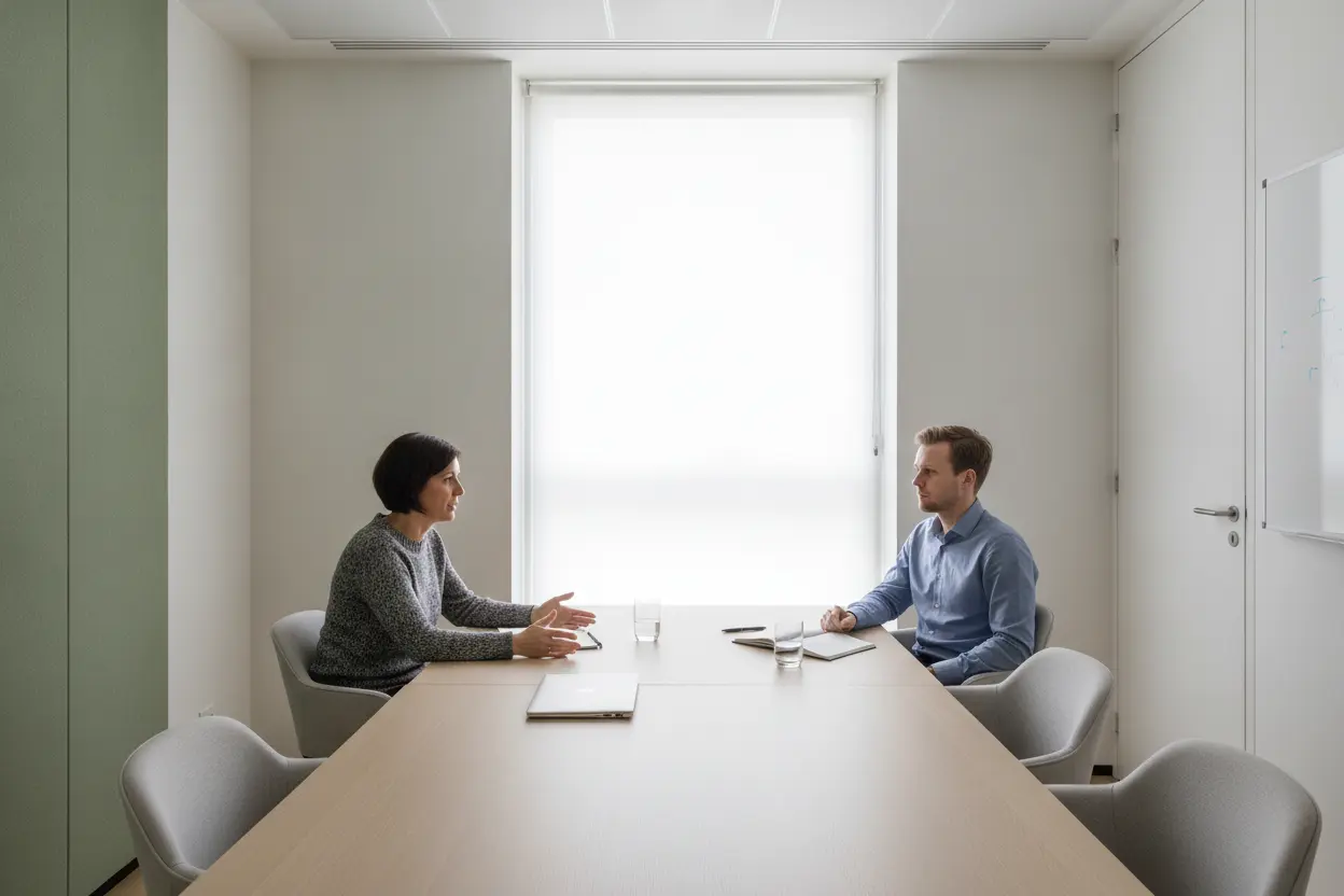A manager and a team member in a small daylit meeting room, across a bare table with a closed laptop — she is making a calm, open-handed point, he is listening, serious and guarded.