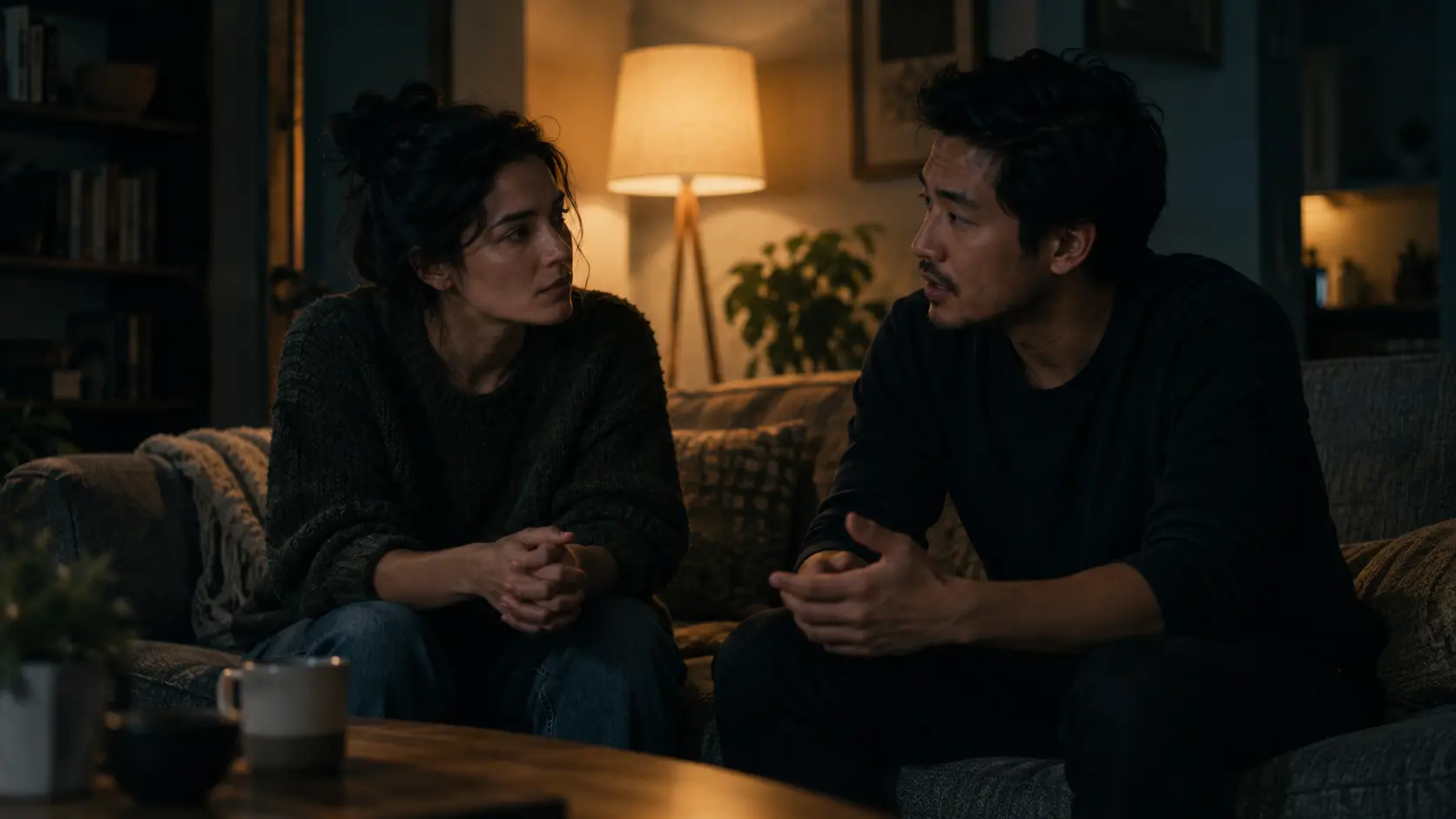 A couple on a sofa in a dim living room at night, lit by one floor lamp — he is explaining something with his hands, she is listening with her hands clasped, both serious.