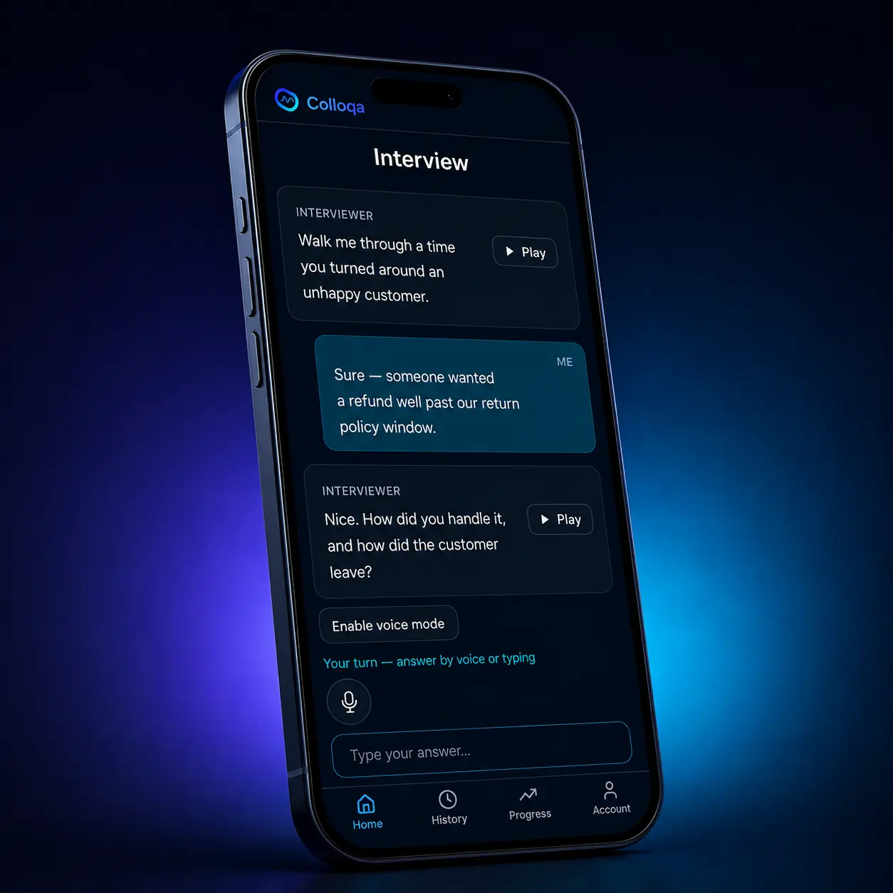 Colloqa app on a phone showing a live AI retail interview session with follow-up questions and voice input.