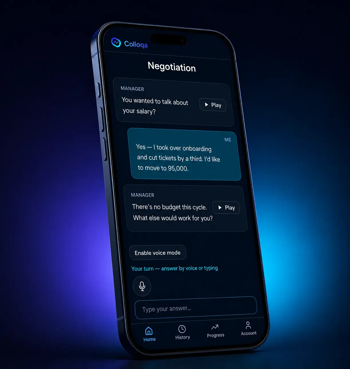 Colloqa app on a phone: a negotiation rehearsal where the manager says there is no budget this cycle after the user asks for a raise to 95,000.
