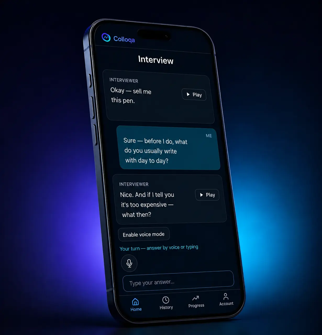 Colloqa app on a phone showing a live AI sales interview session with a "sell me this pen" role-play, a price objection follow-up and voice input.
